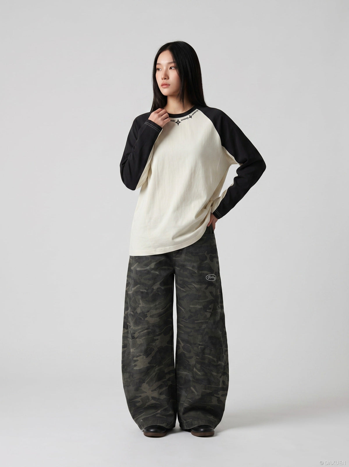 DAXUEN cream long-sleeve embroidered star pattern t-shirt — model photo