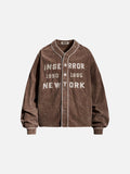 DAXUEN muted brown embroidered text corduroy baseball jacket