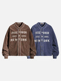 DAXUEN muted brown embroidered text corduroy baseball jacket