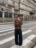 DAXUEN muted brown embroidered text corduroy baseball jacket — model photo