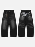 DAXUEN faded black wide-leg denim jeans with charm