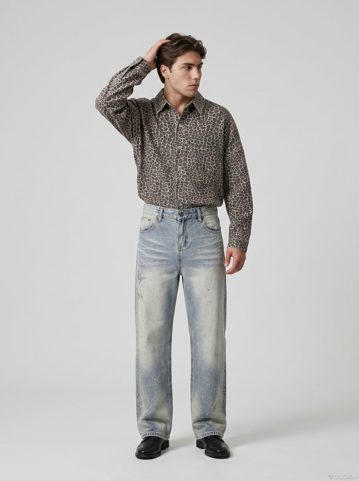 DAXUEN Light blue wide-leg denim jeans with studs — model photo