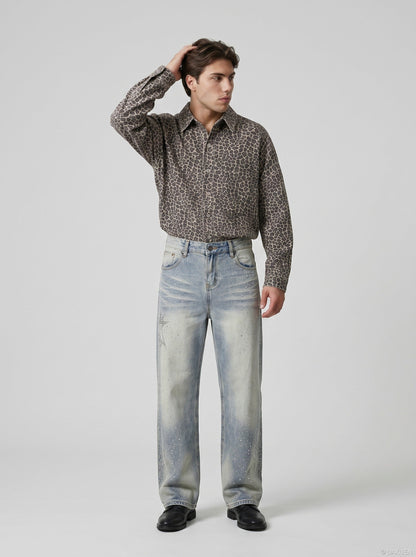 DAXUEN Light blue wide-leg denim jeans with studs — model photo