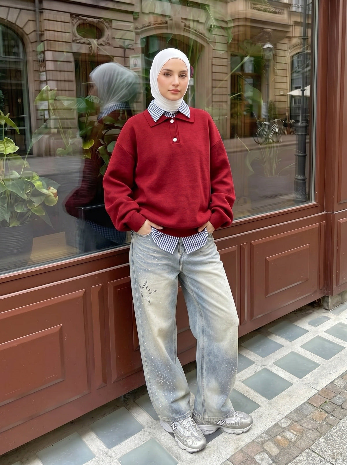 DAXUEN Light blue wide-leg denim jeans with studs — model photo