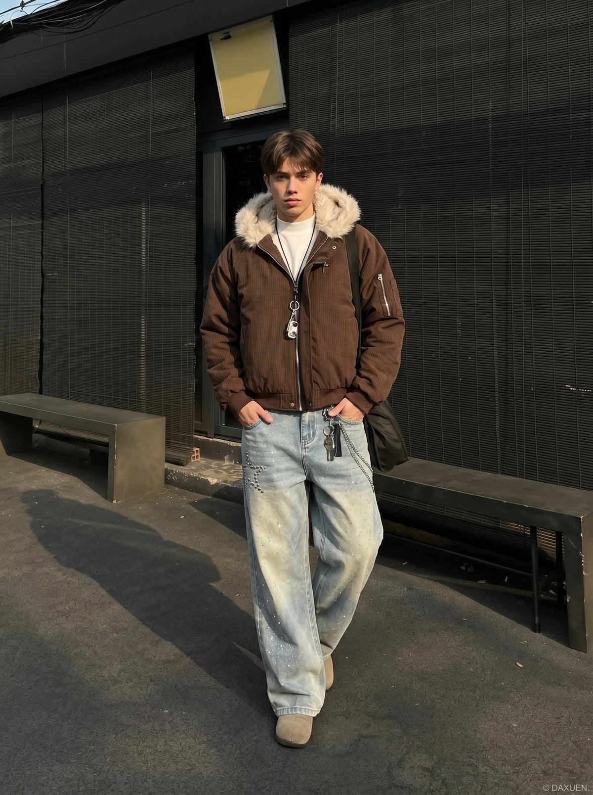 DAXUEN Light blue wide-leg denim jeans with studs — model photo