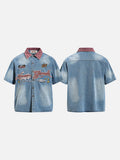 DAXUEN light blue denim with bold embroidery short-sleeved shirt
