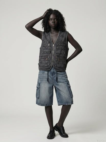 DAXUEN Faded blue wide-leg cargo shorts — model photo