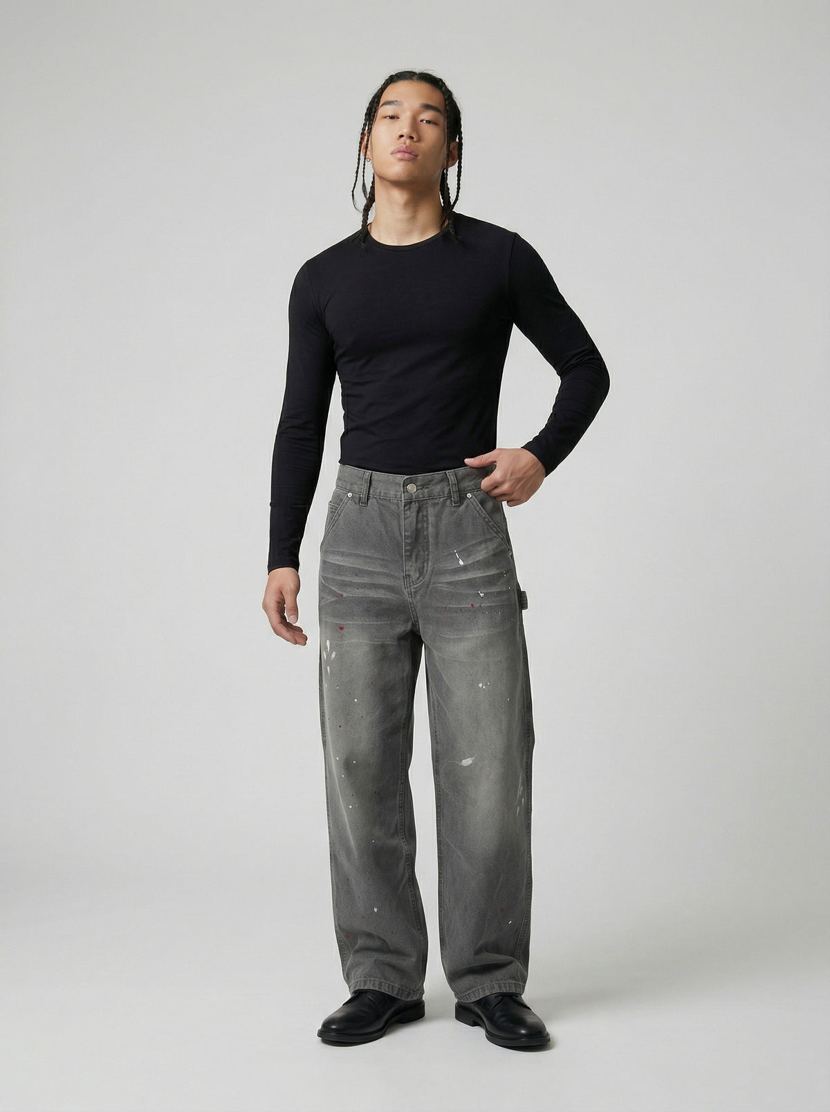 DAXUEN Faded charcoal paint-splatter wide-leg denim jeans — model photo