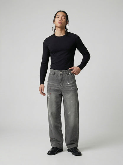 DAXUEN Faded charcoal paint-splatter wide-leg denim jeans — model photo