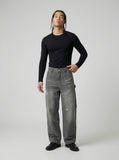 DAXUEN Faded charcoal paint-splatter wide-leg denim jeans — model photo