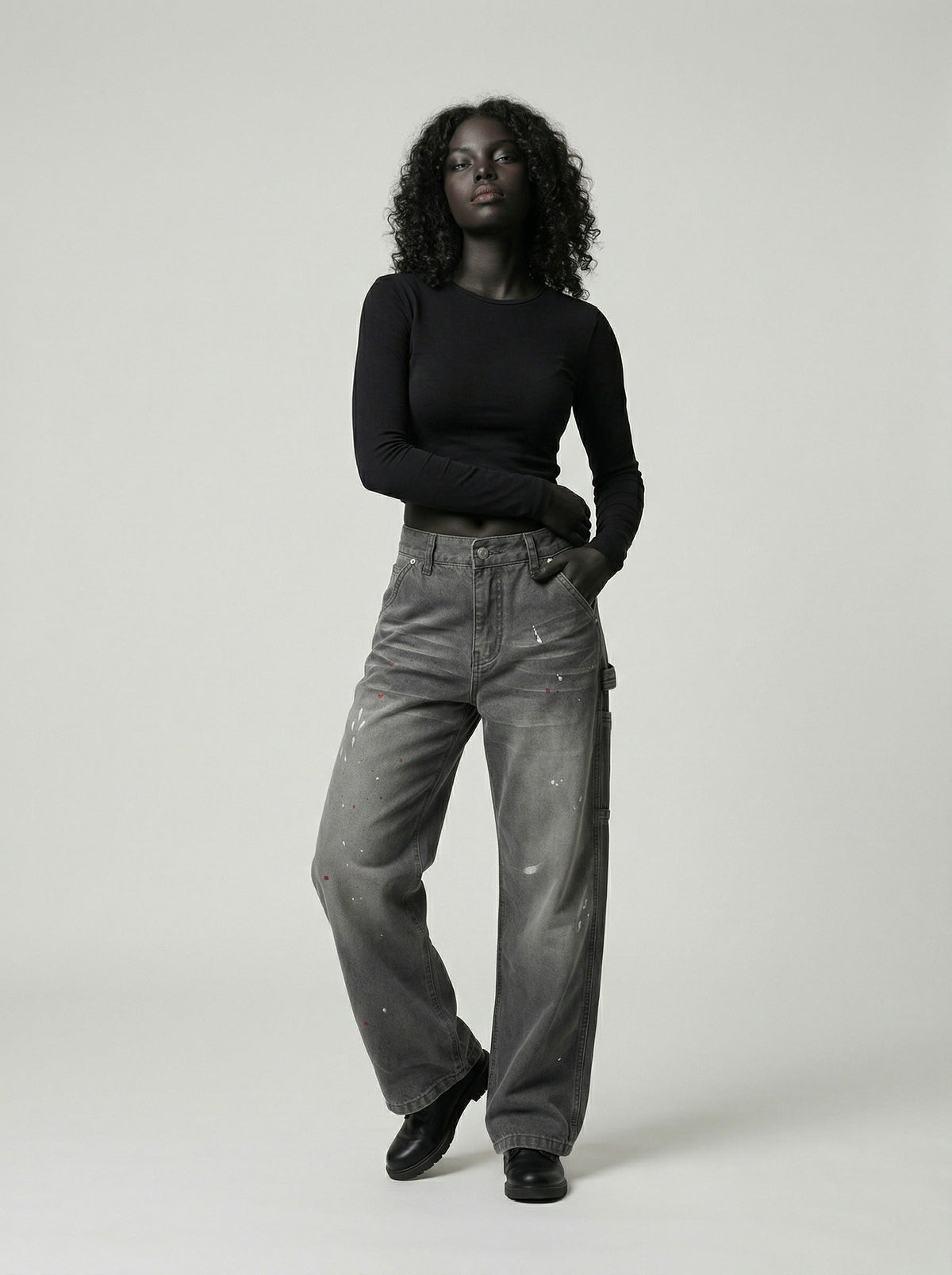 DAXUEN Faded charcoal paint-splatter wide-leg denim jeans — model photo