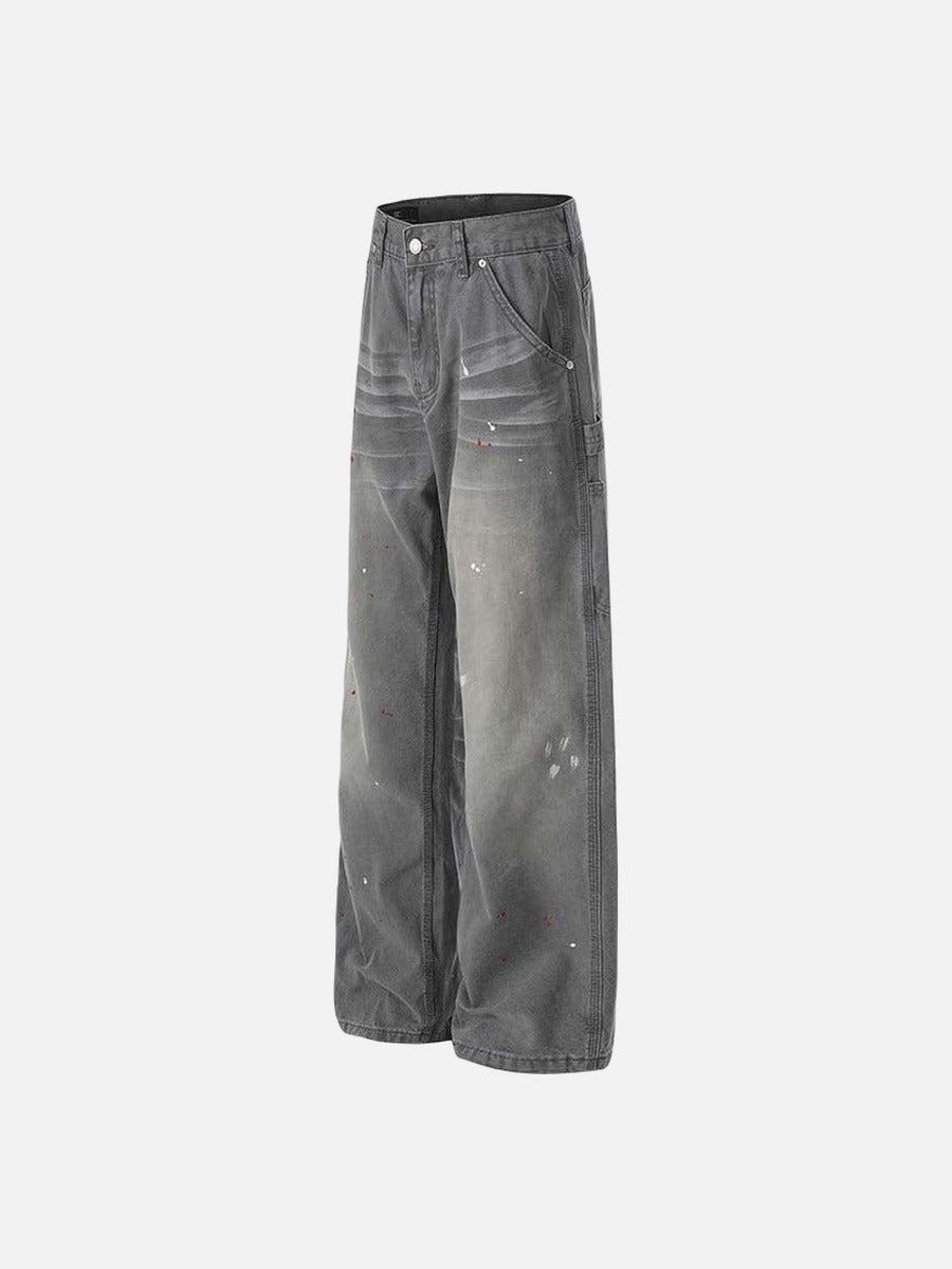 DAXUEN Faded charcoal paint-splatter wide-leg denim jeans