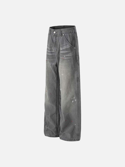DAXUEN Faded charcoal paint-splatter wide-leg denim jeans