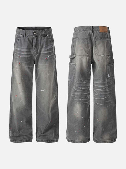 DAXUEN Faded charcoal paint-splatter wide-leg denim jeans