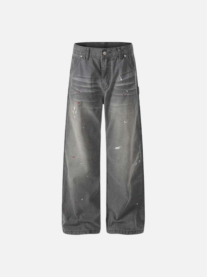 DAXUEN Faded charcoal paint-splatter wide-leg denim jeans
