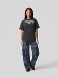 DAXUEN faded dark charcoal vintage text graphic t-shirt — model photo