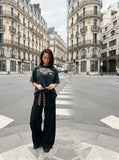 DAXUEN faded dark charcoal vintage text graphic t-shirt — model photo