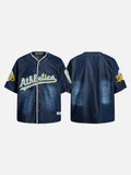 DAXUEN dark blue faded denim baseball jersey