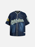 DAXUEN dark blue faded denim baseball jersey
