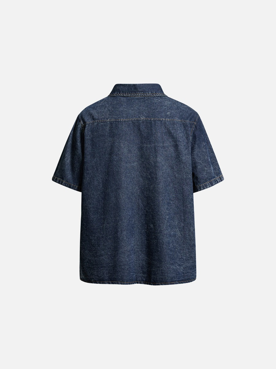 DAXUEN Short-sleeved faded denim shirt with graphic text