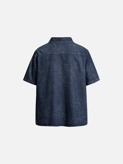DAXUEN Short-sleeved faded denim shirt with graphic text