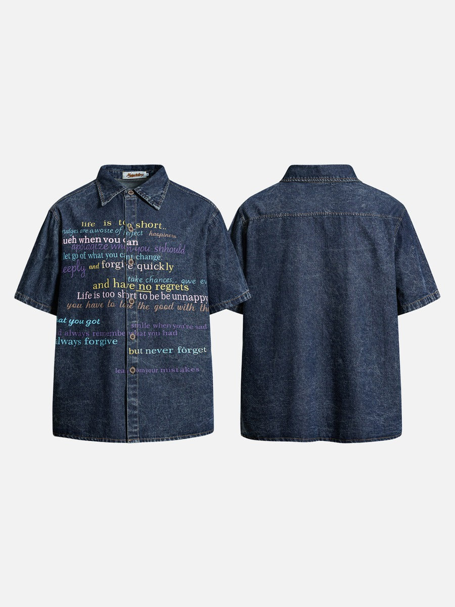 DAXUEN Short-sleeved faded denim shirt with graphic text