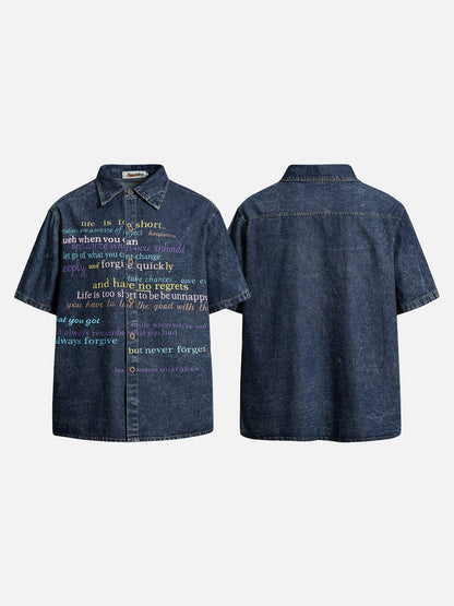 DAXUEN Short-sleeved faded denim shirt with graphic text