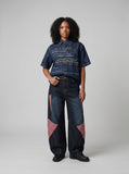 DAXUEN Short-sleeved faded denim shirt with graphic text — model photo