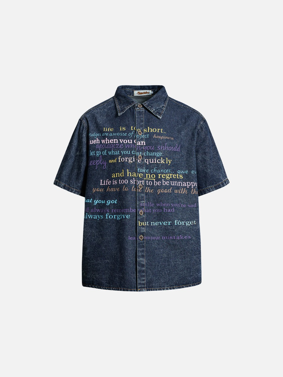 DAXUEN Short-sleeved faded denim shirt with graphic text