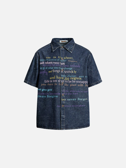 DAXUEN Short-sleeved faded denim shirt with graphic text