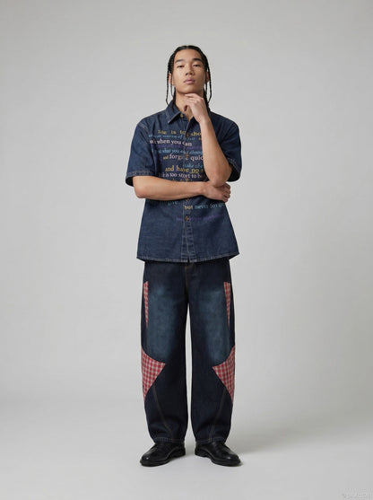 DAXUEN Short-sleeved faded denim shirt with graphic text — model photo