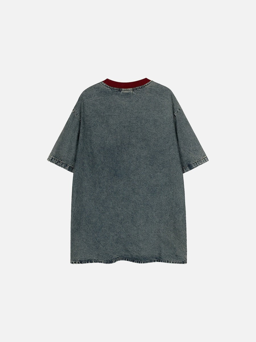 DAXUEN Faded denim short-sleeve T-shirt with graphic letters