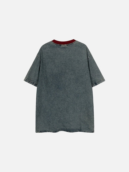 DAXUEN Faded denim short-sleeve T-shirt with graphic letters