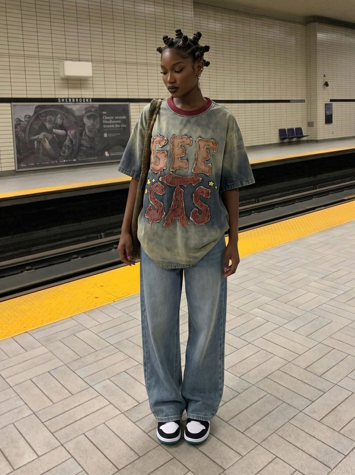 DAXUEN Faded Denim Letter Graphic T-Shirt | DAXUEN — model photo