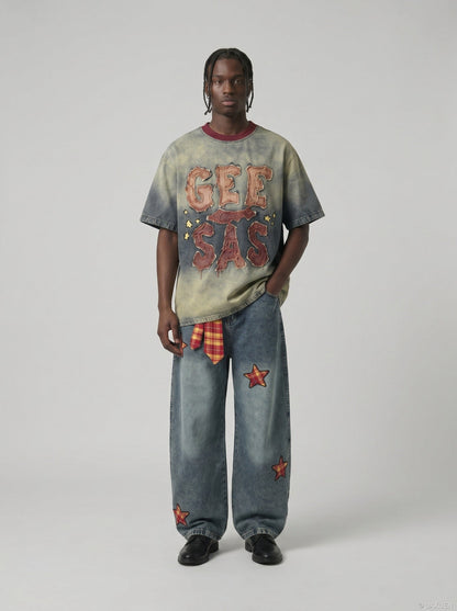 DAXUEN Faded Denim Letter Graphic T-Shirt | DAXUEN — model photo
