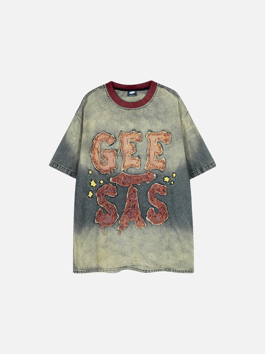 DAXUEN Faded denim short-sleeve T-shirt with graphic letters