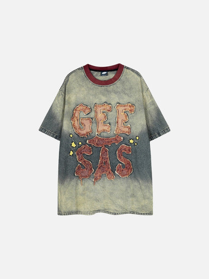 DAXUEN Faded denim short-sleeve T-shirt with graphic letters