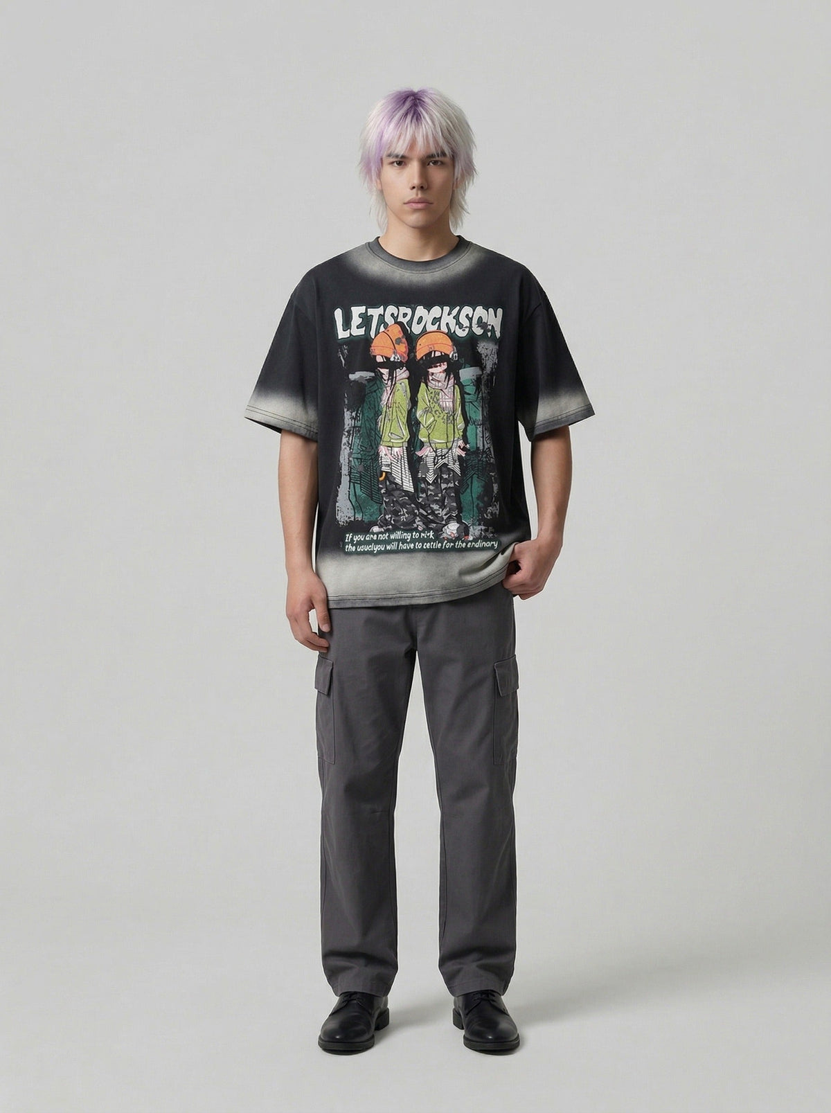 DAXUEN Oversized short-sleeve graphic t-shirt with faded wash effect — model photo