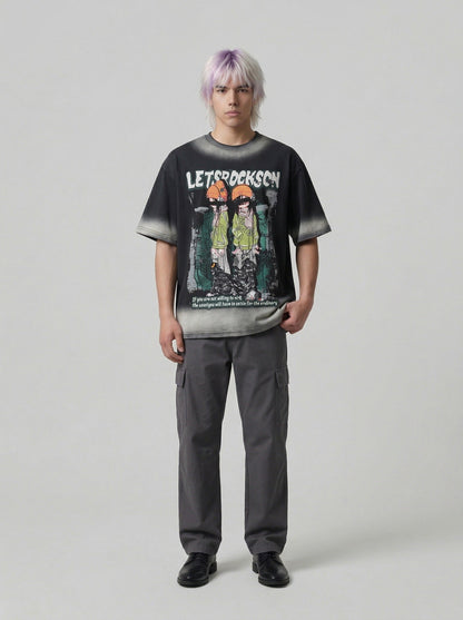 DAXUEN Oversized short-sleeve graphic t-shirt with faded wash effect — model photo