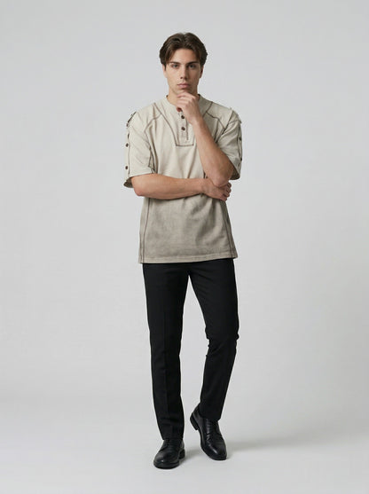DAXUEN Men's short-sleeved Henley top with a faded effect — model photo