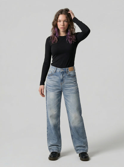 DAXUEN Faded high-waisted wide-leg denim jeans — model photo