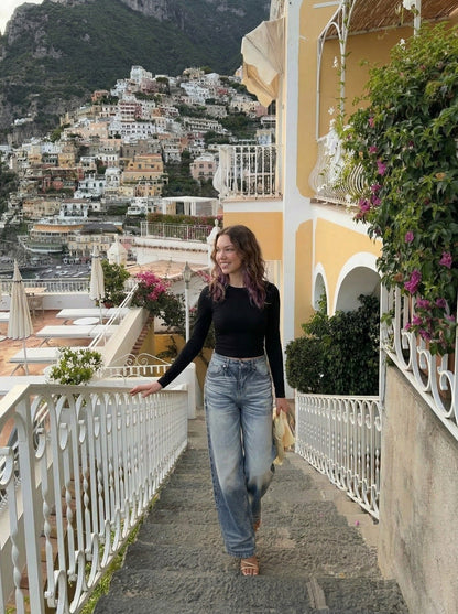 DAXUEN Faded high-waisted wide-leg denim jeans — model photo