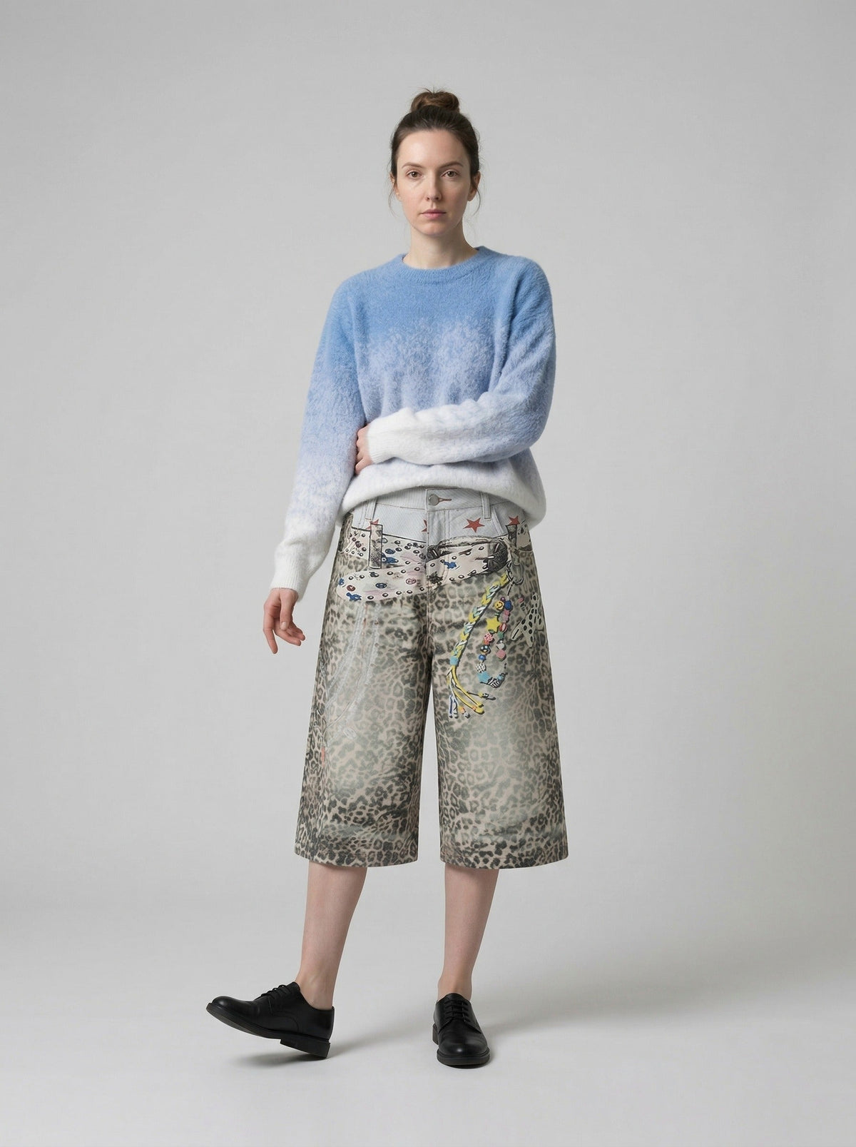 DAXUEN Faded leopard print wide-leg culottes — model photo