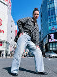 DAXUEN light blue faded barrel cut jeans — model photo
