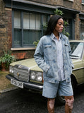 DAXUEN light blue faded denim shorts — model photo
