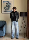 DAXUEN Light blue loose-fitting wide-leg cargo jeans — model photo