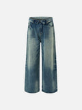 Faded Medium Blue Distressed Wide-Leg Jeans