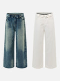 Faded Medium Blue Distressed Wide-Leg Jeans