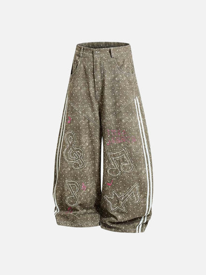 DAXUEN Faded polka dot wide leg pants with musical embroidery