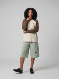 DAXUEN Faded greenish-blue wide-leg denim shorts with embroidery — model photo